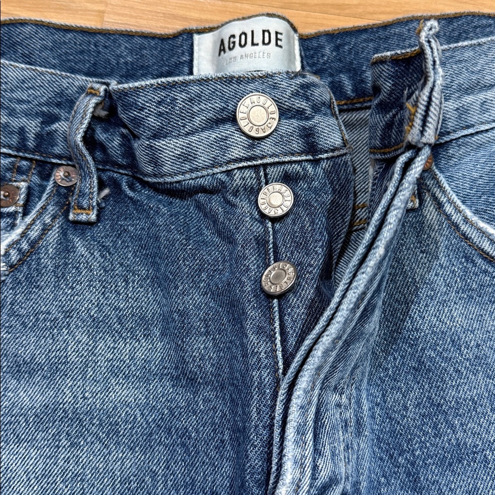 Agolde Distressed Blue Jean Shorts - Picture 4 of 8